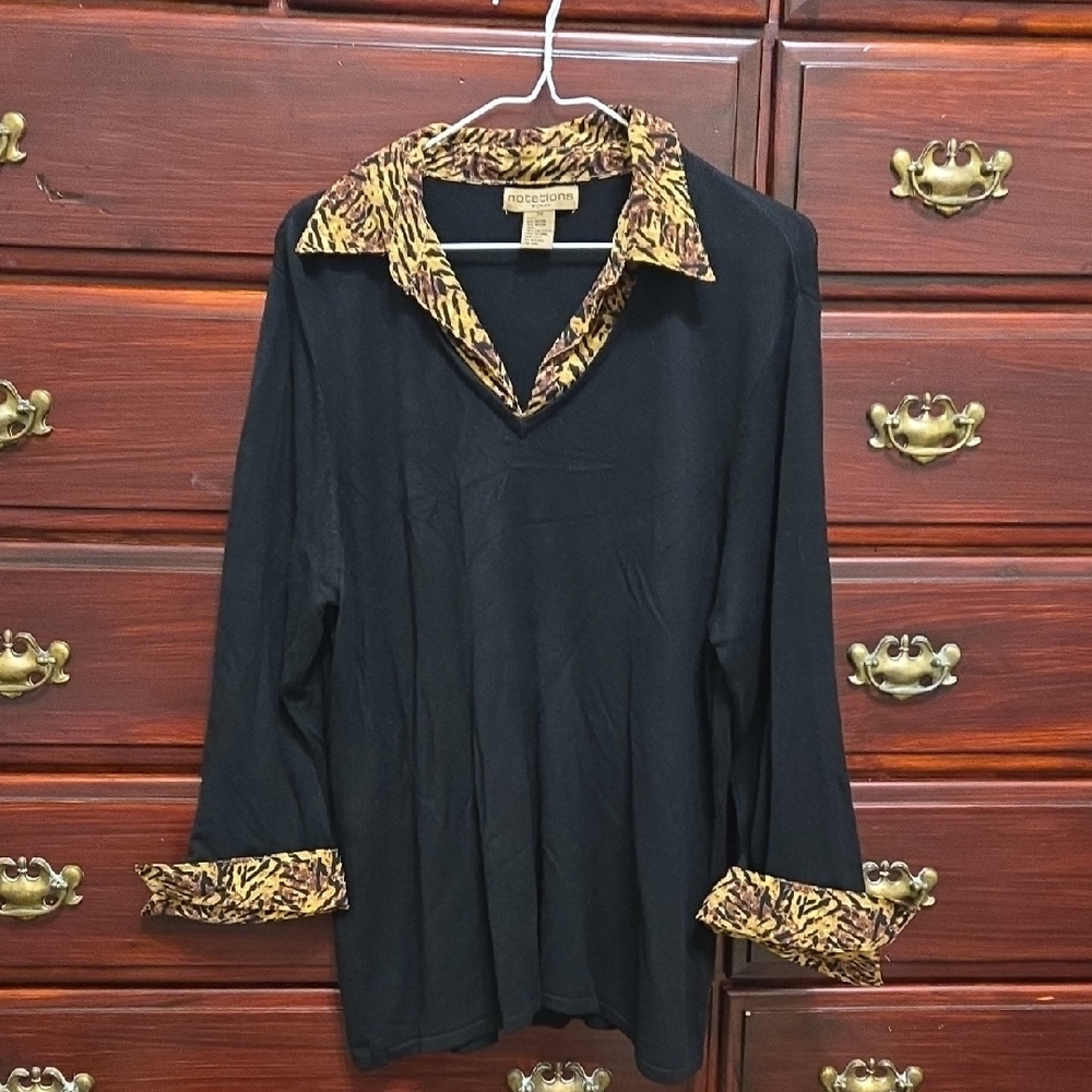 Vintage Notations Black Sweater W/ Animal Print Collar & Sleeve Cuffs Size 2X